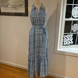 Anthropologie Blue Plaid Halter Maxi Dress